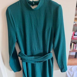 Green, belted high neck dress